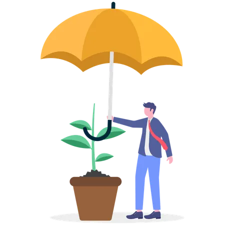 Businessman protects plant from bad weather  Illustration