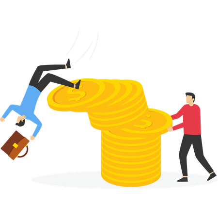 Businessman pull back money from coin stack causing investor to fall down  Illustration