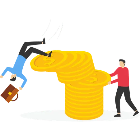 Businessman pull back money from coin stack causing investor to fall down  Illustration