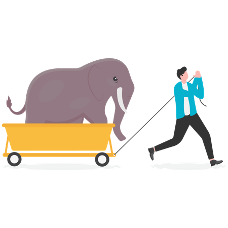 Businessman pull elephant that standing on cart  Illustration