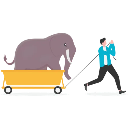 Businessman pull elephant that standing on cart  Illustration