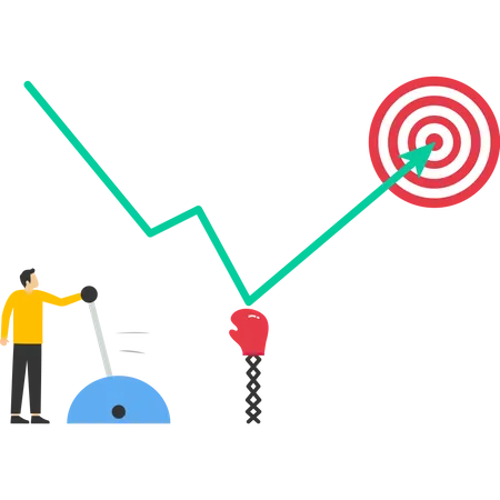 Businessman pull lever to press graph to go up towards target  Illustration