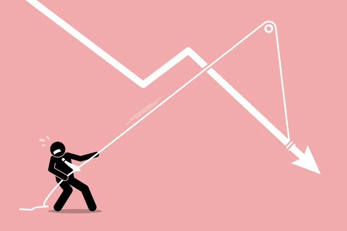 Businessman pulling a falling arrow graph chart from further dropping down Illustration