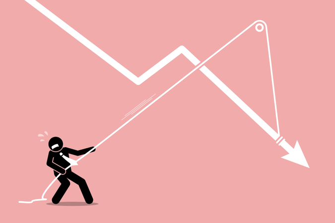 Businessman pulling a falling arrow graph chart from further dropping down  Illustration