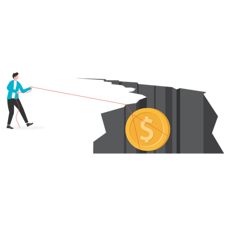 Businessman pulling a money bag down cliff  Illustration