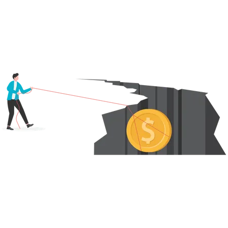 Businessman pulling a money bag down cliff  Illustration