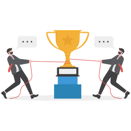 Two Businessman Pulling Award As Symbol Of Competition Positive Opposite Negative Reaction Concept Vector Vector Illustration In Flat Style Illustration