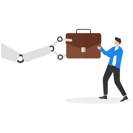 Businessman pulling business bag with robot tug of war  Illustration