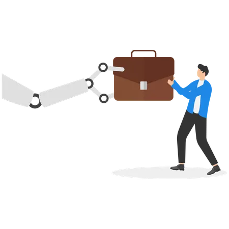 Businessman pulling business bag with robot tug of war  Illustration