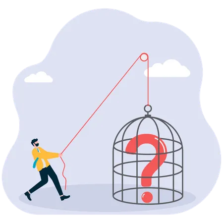 Businessman pulling cage with question mark  Illustration