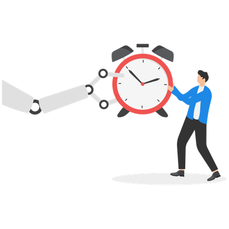 ロボット綱引きで時計を引くビジネスマン  イラスト