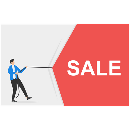 Businessman Pulling Curtain About Sale  Illustration