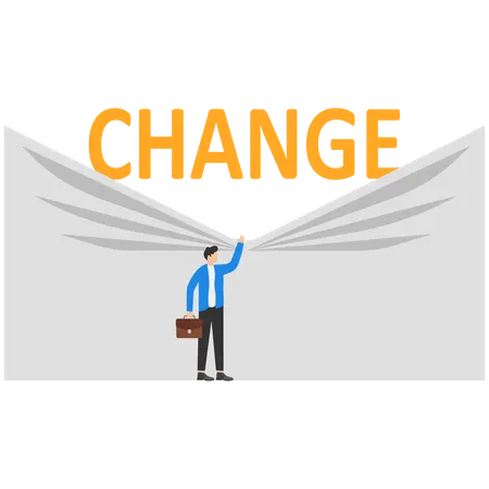 Businessman pulling down curtain for word change  Illustration