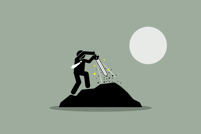 Businessman pulling Excalibur sword out from a rock  Illustration