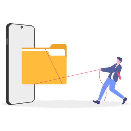 Businessman pulling folder from mobile  Illustration