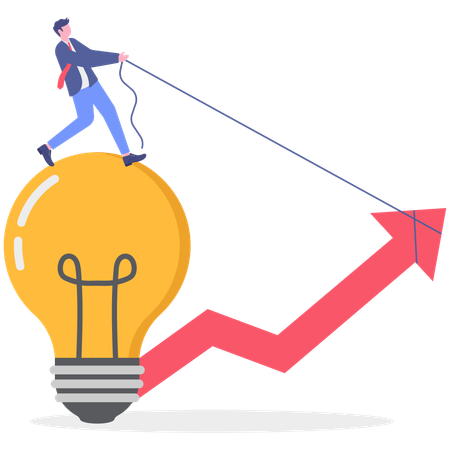 Businessman pulling growth graph with rope while standing on bulb  Illustration