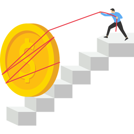 Businessman pulling heavy big dollar coin up stair case  Illustration