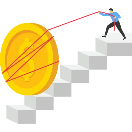 Businessman pulling heavy big dollar coin up stair case  Illustration