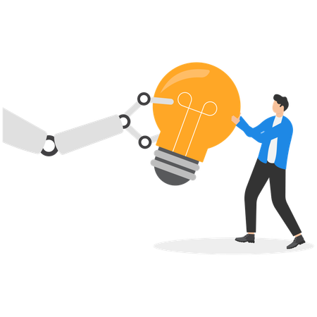Businessman pulling idea with robot tug of war  Illustration