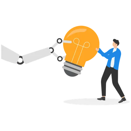 Businessman pulling idea with robot tug of war  Illustration
