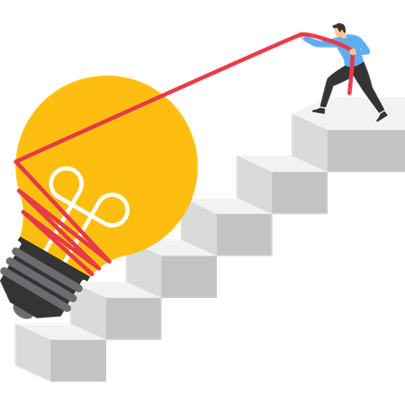 Businessman pulling lightbulb up stair case  Illustration