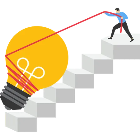 Businessman pulling lightbulb up stair case  Illustration