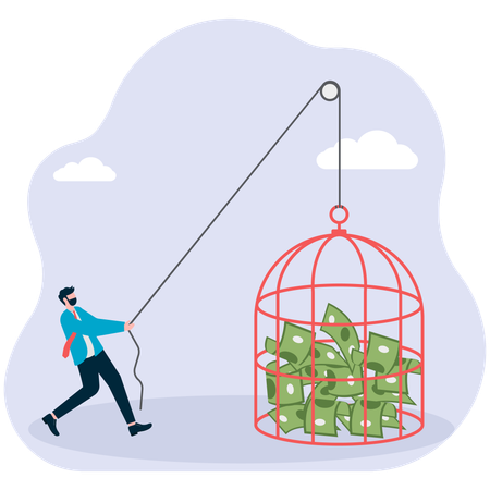 Businessman pulling money cage  Illustration