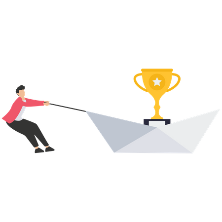 Businessman pulling origami ship trying to trophy award  Illustration