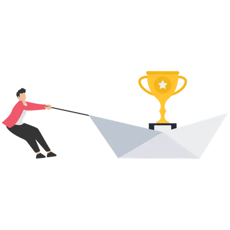 Businessman pulling origami ship trying to trophy award  Illustration