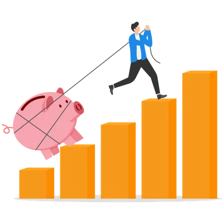 Businessman pulling pink piggy bank up staircase  Illustration