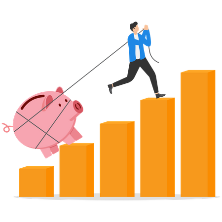 Businessman pulling pink piggy bank up staircase  Illustration
