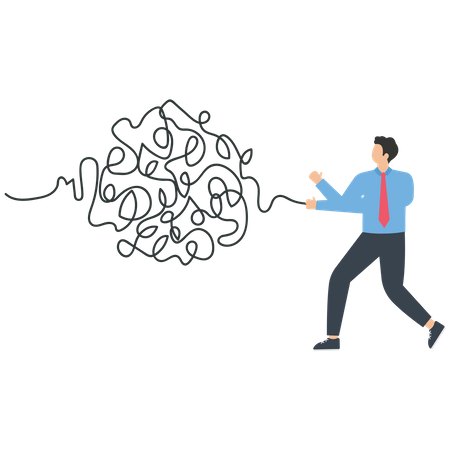 Businessman pulling rope trying to untie the tangled ropes tied with question marks  Illustration
