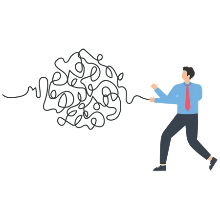 Businessman pulling rope trying to untie the tangled ropes tied with question marks  Illustration