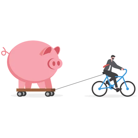 Riding And Businessman Pulling Savings Pigs Business Budget And Saving Concept Illustration
