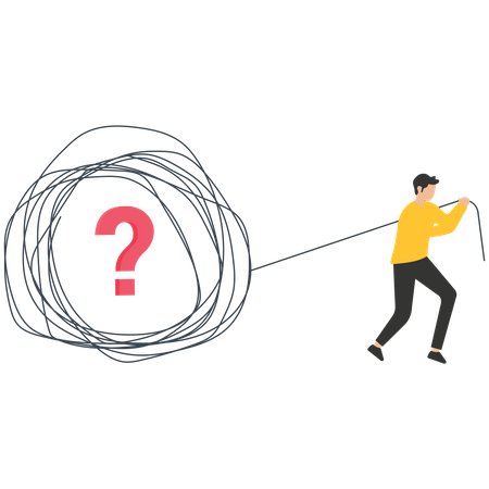 Businessman pulling the tangled ropes with question marks  イラスト