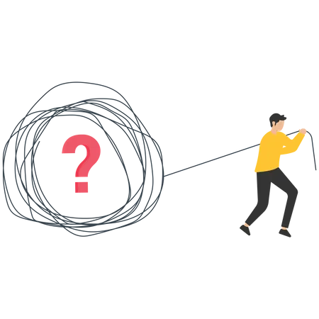 Businessman pulling the tangled ropes with question marks  Illustration