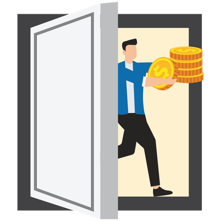 Businessman Pulls Huge Gold Coins Out of Dark Doors  Illustration