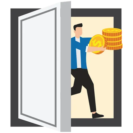 Businessman Pulls Huge Gold Coins Out of Dark Doors  Illustration