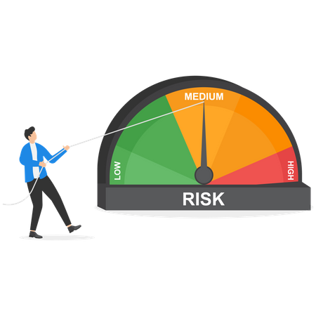 Businessman pulls the risk speedometer needle with a string so the risk is low  Illustration