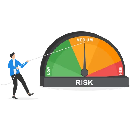 Businessman pulls the risk speedometer needle with a string so the risk is low  Illustration