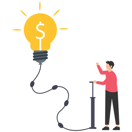 Businessman pump air inflate in big light bulb idea  Illustration