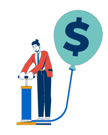 Businessman pumping air into balloon with dollar sign  Illustration