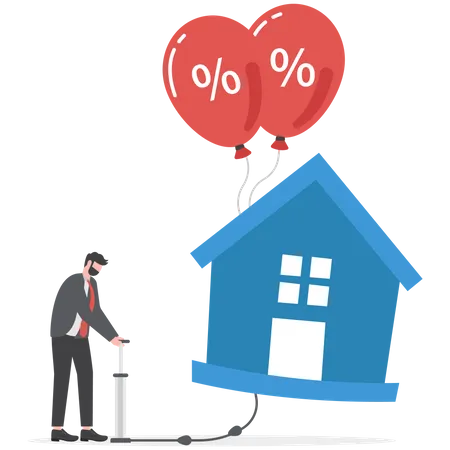 A Businessman Is Pumping Real Estate Or Housing For Growth Finance Interest Rate Price Rising Up Concept Vector Illustrator Illustration