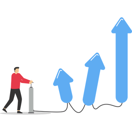 Businessman pumps up a balloon of a growth in indicators floats higher  Illustration