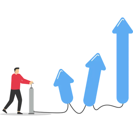 Businessman pumps up a balloon of a growth in indicators floats higher  Illustration