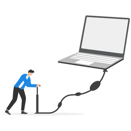 Businessman Pumps Up A Balloon Of A Computer Floats Higher The Business Improve And Growth Concept Vector Illustration Illustration