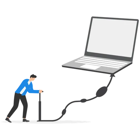 Businessman pumps up balloon of computer floats higher  Illustration