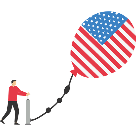 Businessman pumps up balloon of flag United State of America floats higher  Illustration