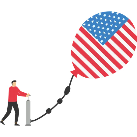 Businessman pumps up balloon of flag United State of America floats higher  Illustration