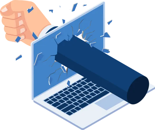 Flat 3 D Isometric Businessman Hand Punch Through Laptop Monitor Stress And Angry Concept Illustration